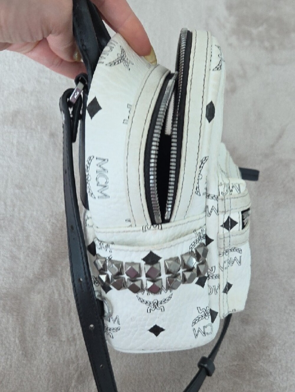 MCM White Mini Logo Backpack with Black Accents - Picture 5 of 7